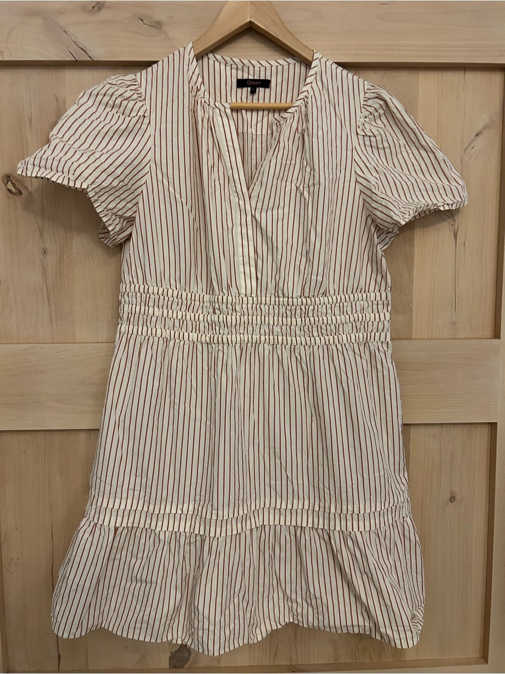 Quince women’s NWOT 100% Organic Cotton poplin mini dress terracotta stripe, Lg